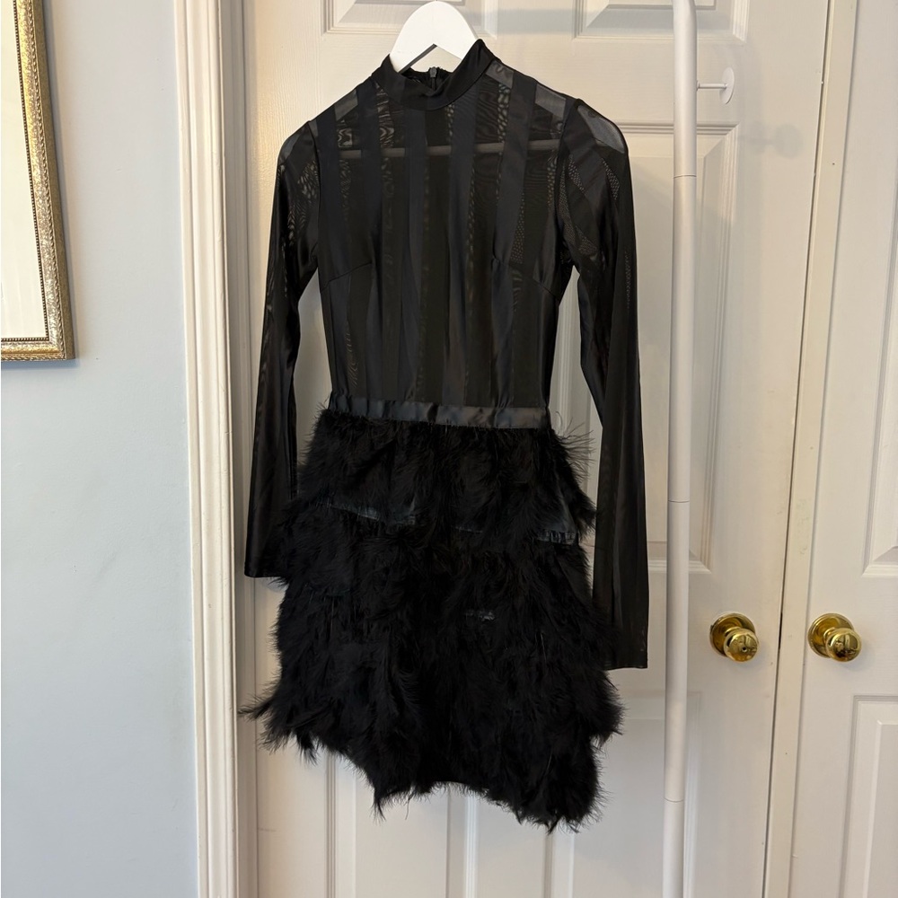 PrettyLittleThing Black Semi Sheer Feathered Long Sleeve Dress Size 0 - Picture 10 of 14
